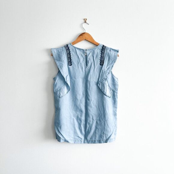 Dex Womens Blouse Denim Style Ruffled Short Sleeve Embroidered Design Blue Small - Picture 2 of 7